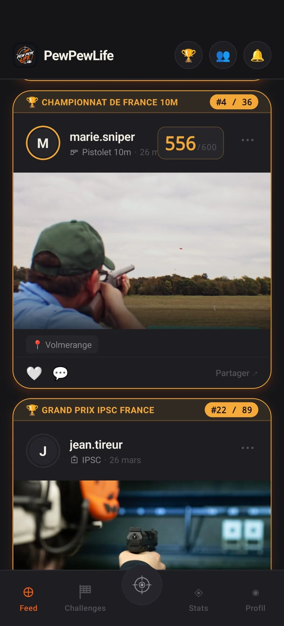 Le feed de PewPewLife avec les séances partagées