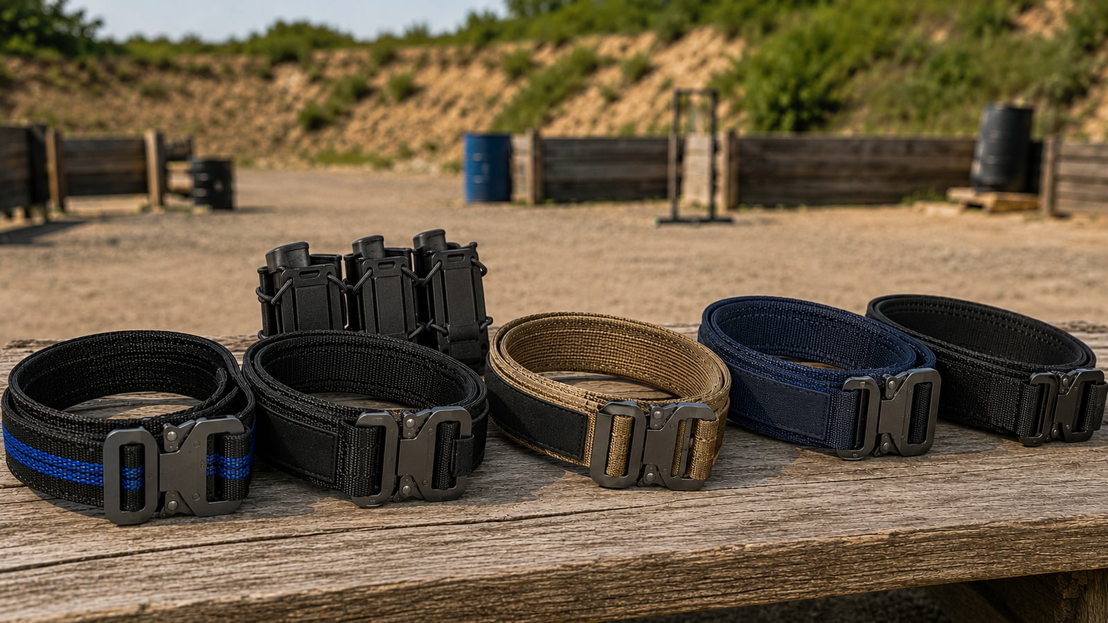 Dynamic shooting competition belts with holster and magazine pouches laid out on a bench at an outdoor range