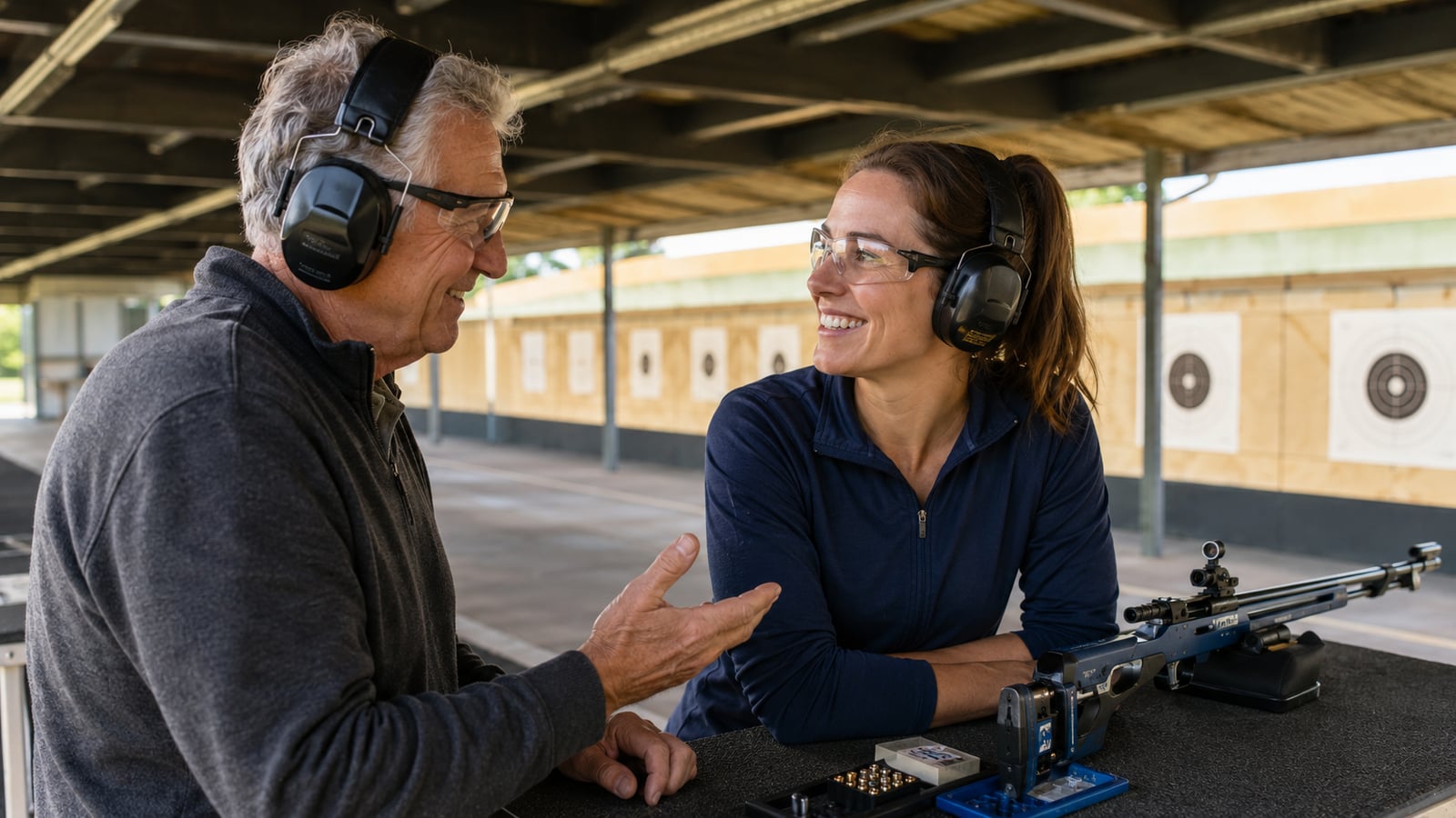 Two generations chat at a rifle firing line: the passion for sport shooting gets passed down within families